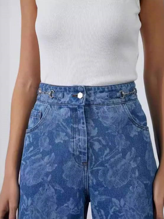 Chic Rose Print Wide Leg Denim