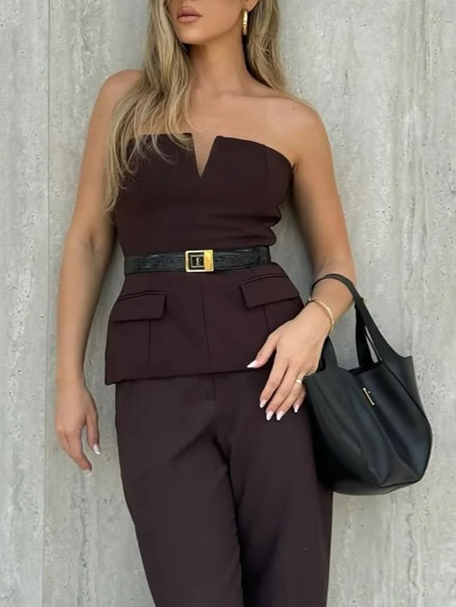 Chic Strapless Tube Top With Pants Brown Co Ord Set