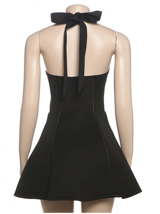 Chic Zipper Halter Backless A Line Black Mini Dress