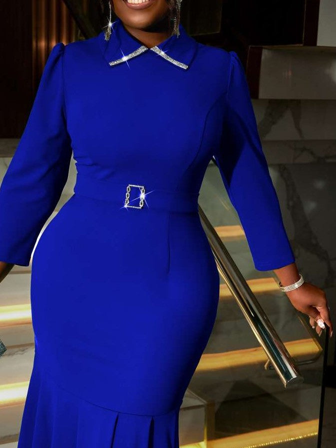 Classic Long Sleeve Blue Solid Dress