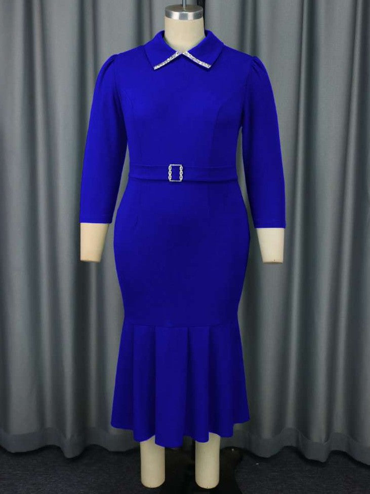 Classic Long Sleeve Blue Solid Dress