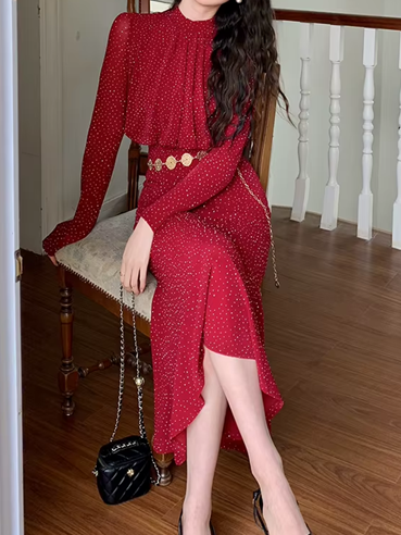 Classy Bright Diamond Decor Sheath Red Pencil Dress - Ships in 24 Hrs