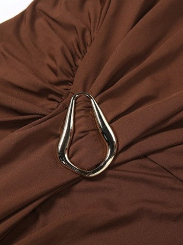 Classy Bucklle Decor Ribbons Long Sleeve Brown Maxi Dress