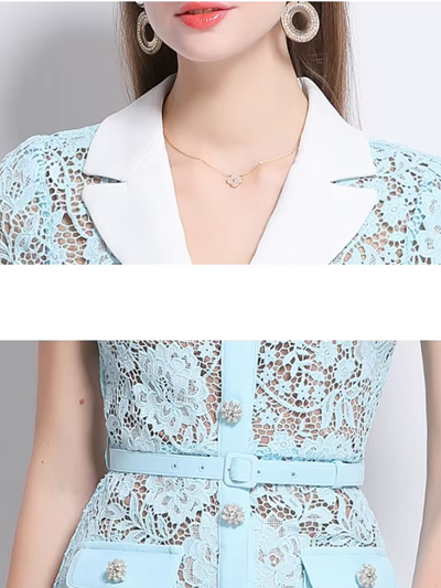 Classy Lace Lapel Short Sleeve Single Breasted Slim Pencil Dress