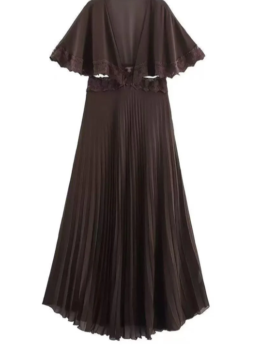 Classy Lace Trim Pleated Cape Sleeve Maxi Dress -Ships in 24 Hrs