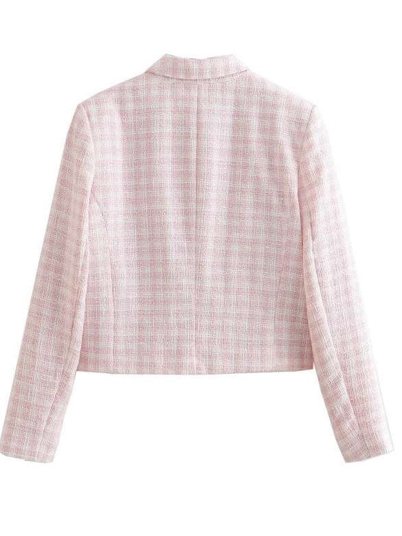 Classy Long Sleeve Pink Plaid Buckle Blazer Coat