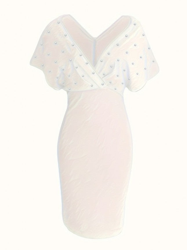 Classy Pearl Decor V Neck White Dress