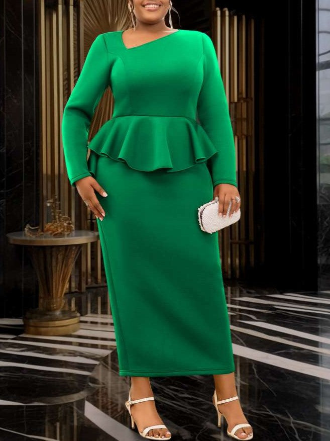 Classy Ruffle Solid Green Dress