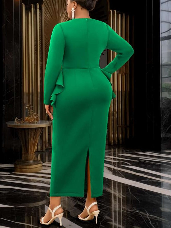 Classy Ruffle Solid Green Dress