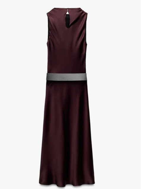 Classy Satin Brown Sleeveless Dress With Belt