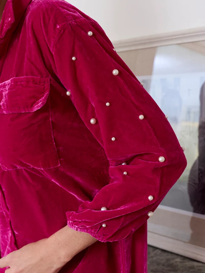 Classy Velvet Pearl Decor Shirt Dress