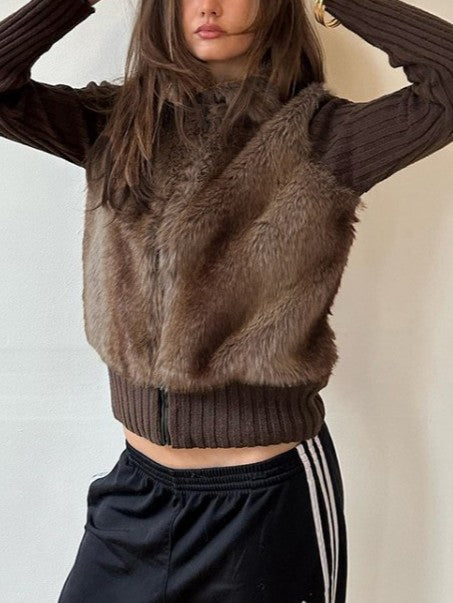 Classy Winter Look Fur Patchwork Zipper Coat