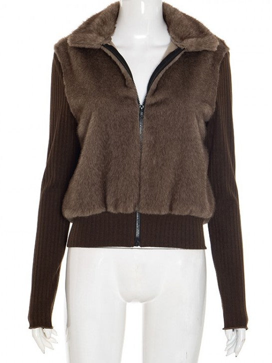 Classy Winter Look Fur Patchwork Zipper Coat