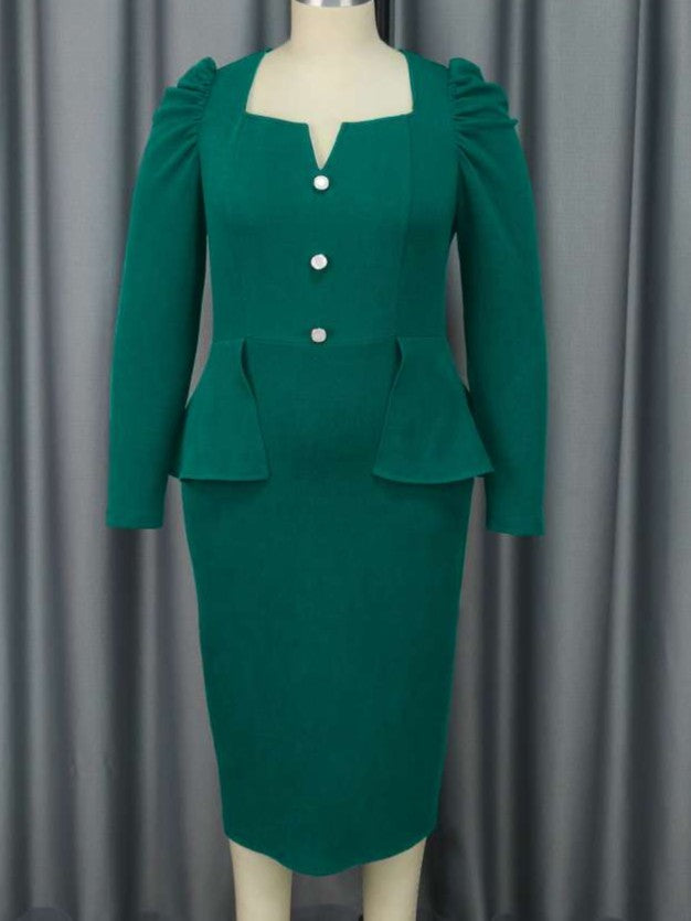 Classy Work Wear Square Neck Long Sleeve Green Dress