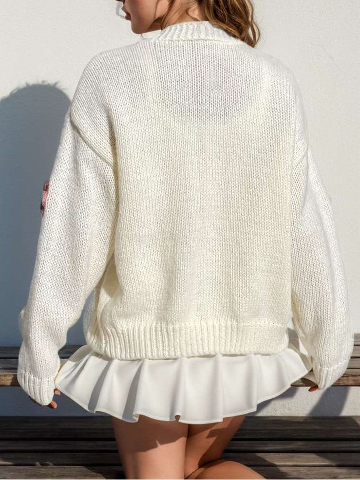 Cute Winter Wear Flower Decor Knit White Cardigan - Ships in 24 Hrs
