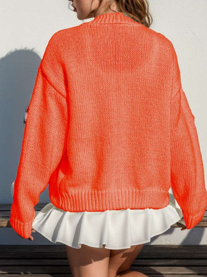 Cute Winter Wear Flower Decor Knit Orange Cardigan