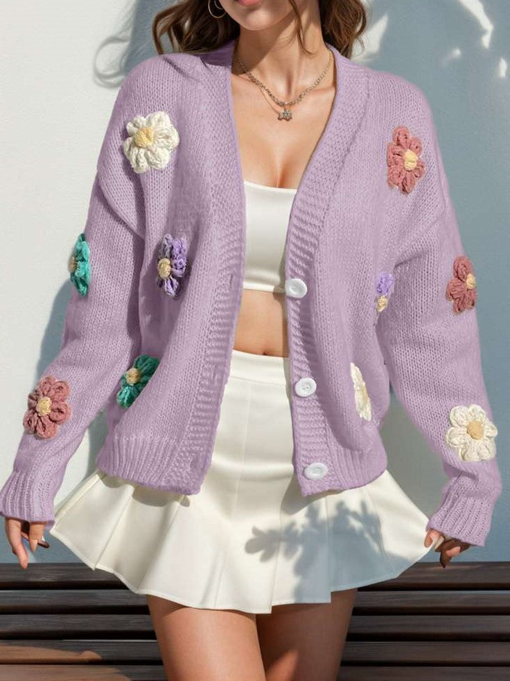 Cute Winter Wear Flower Decor Knit Purple Cardigan