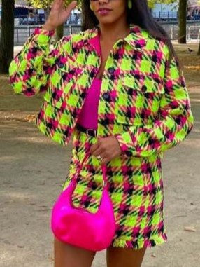Dapper Contrast Plaid Skirt Long Sleeve Set