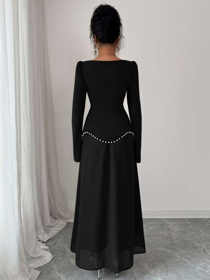 Elegant Beading Patchwork Long Sleeve Black Dress