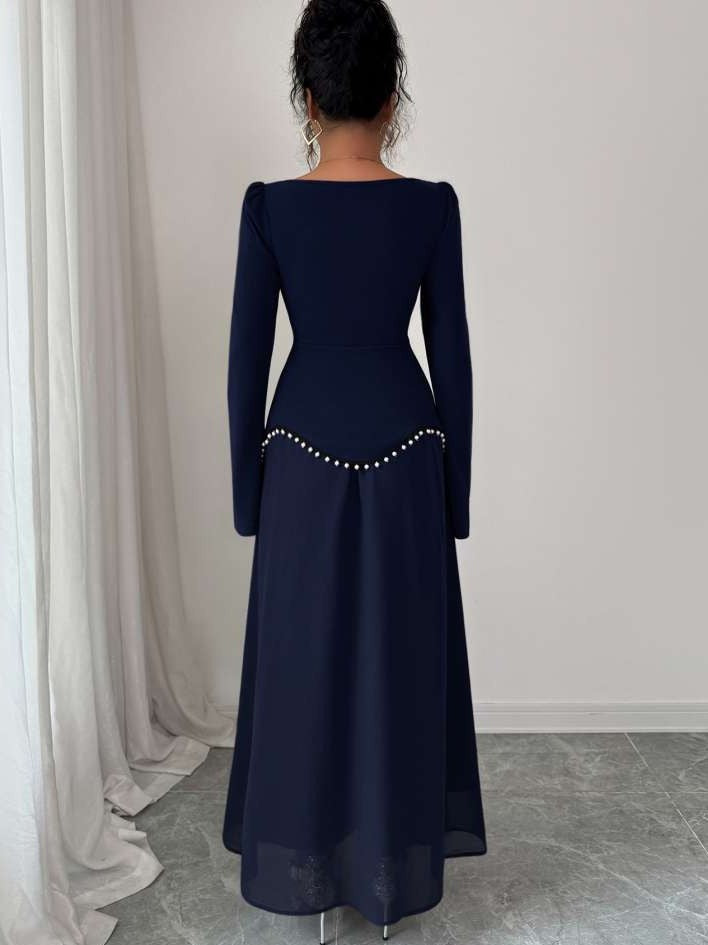 Elegant Beading Patchwork Long Sleeve Blue Dress