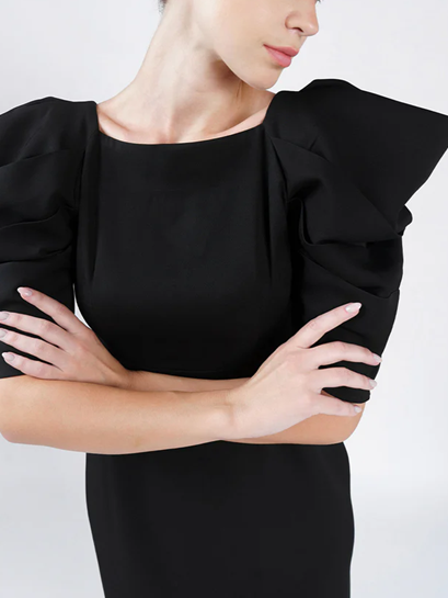 Elegant Black Pleated Puff Sleeve Dress