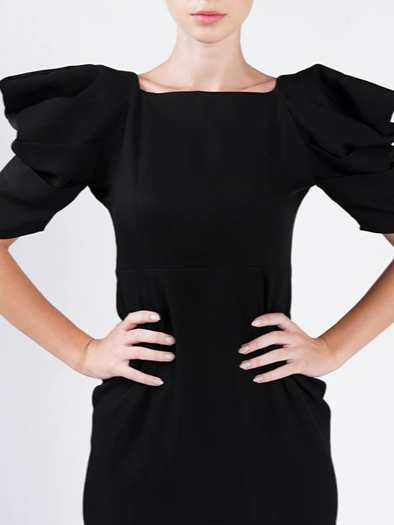 Elegant Black Pleated Puff Sleeve Dress