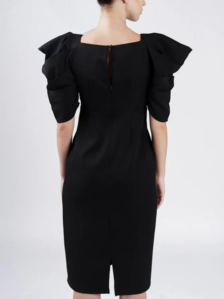 Elegant Black Pleated Puff Sleeve Dress