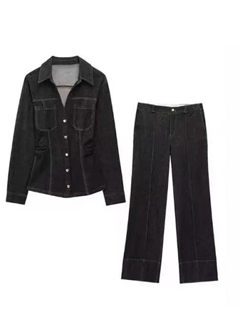 Elegant Denim Shirt With Pants Black Co ord Set