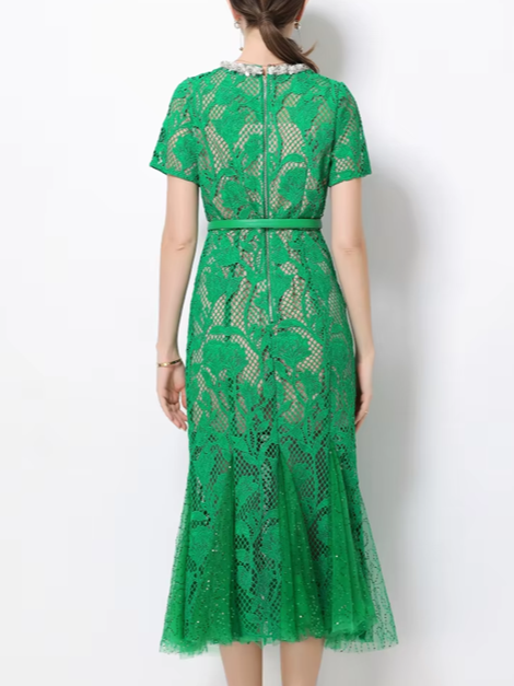 Elegant Green Floral Crochet Fishtail Lace Dress