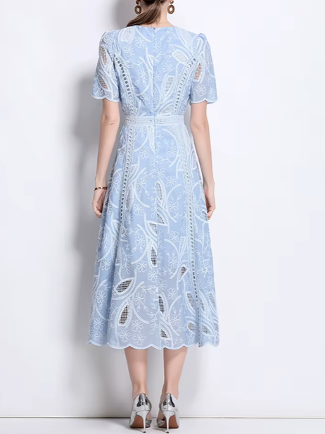 Elegant Lace O Neck Blue Evening Dress