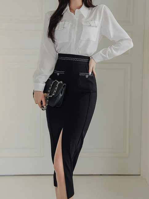 Elegant Long Sleeve White Shirt With Pencil Skirt Co ord Set