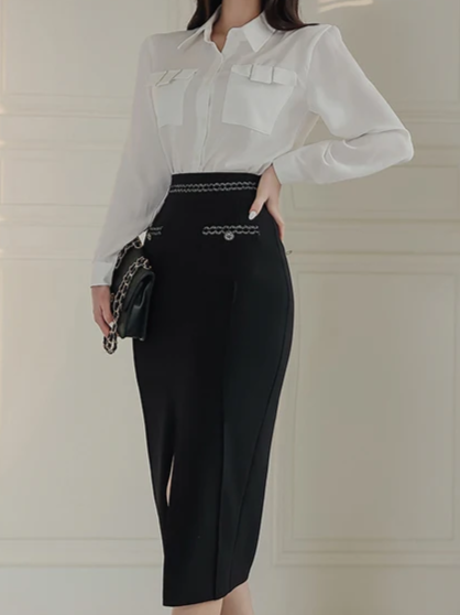 Elegant Long Sleeve White Shirt With Pencil Skirt Co ord Set