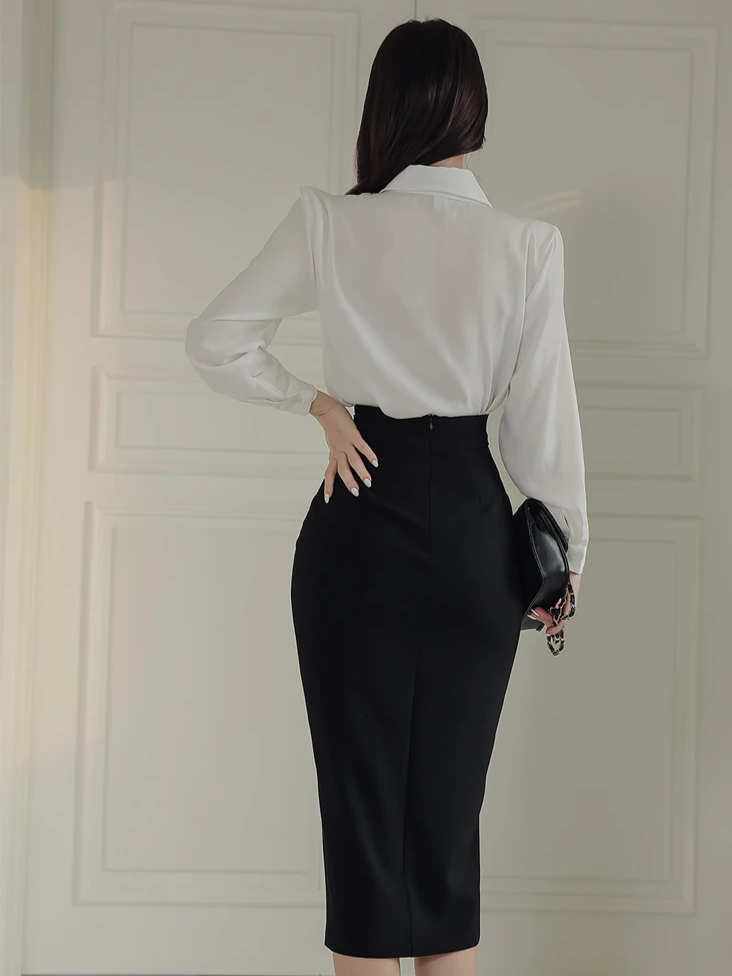 Elegant Long Sleeve White Shirt With Pencil Skirt Co ord Set