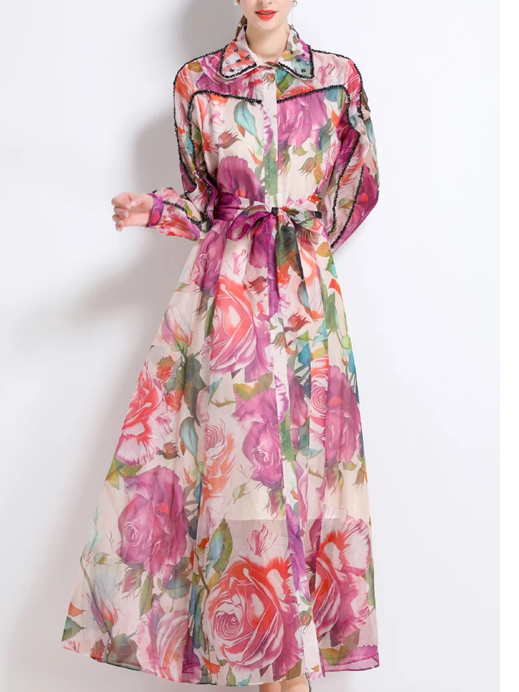 Elegant Nail Bead Swing Printed Red Dress