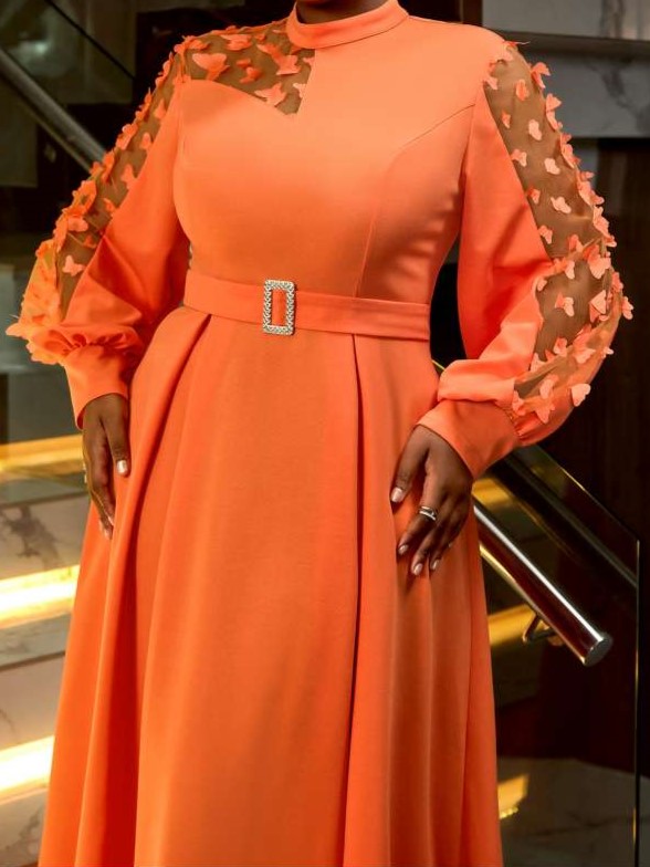 Elegant Orange Applique Patchwork Bracelet Sleeve Maxi Dress