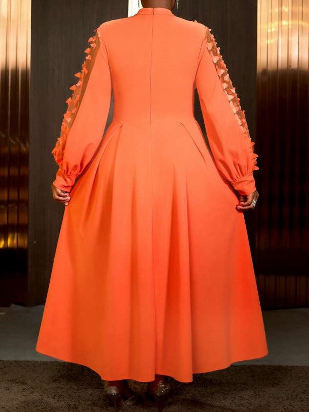 Elegant Orange Applique Patchwork Bracelet Sleeve Maxi Dress