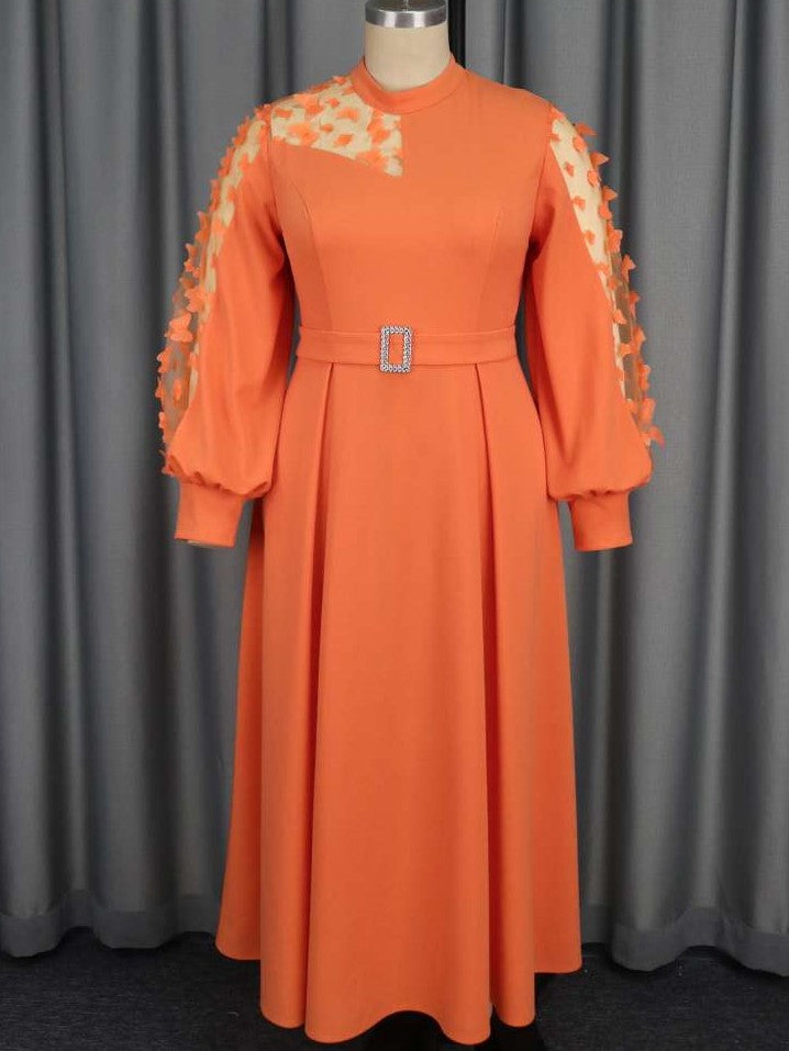 Elegant Orange Applique Patchwork Bracelet Sleeve Maxi Dress