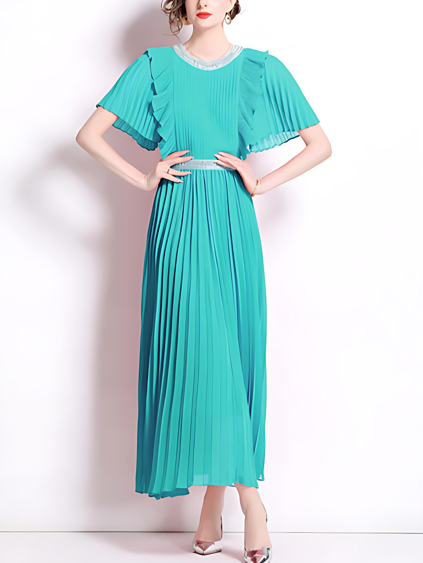 Elegant Short Sleeve Pleated Turquoise Maxi Dress