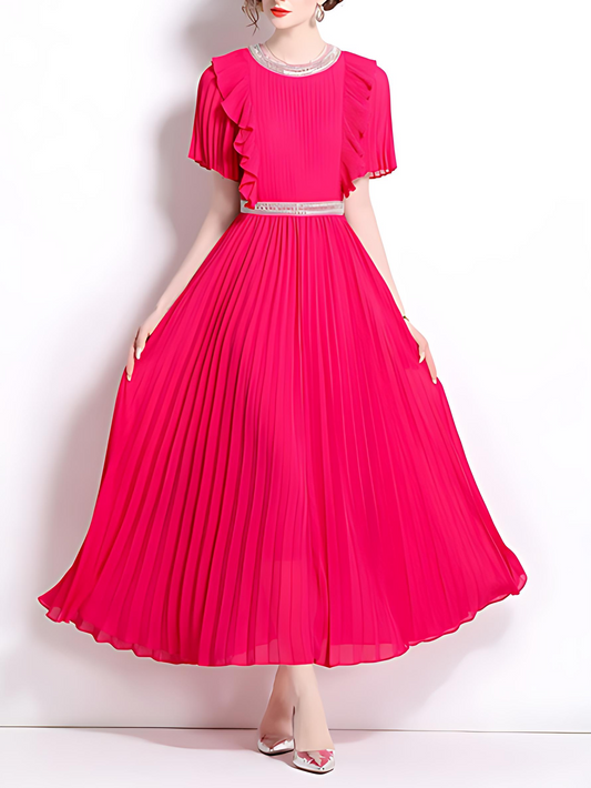 Elegant Short Sleeve Pleated Maxi Dress