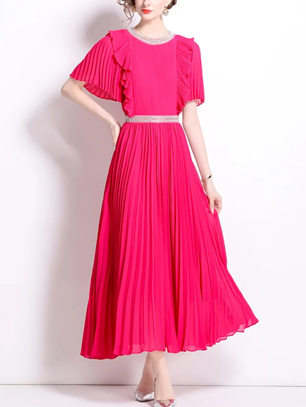 Elegant Short Sleeve Pleated Maxi Dress