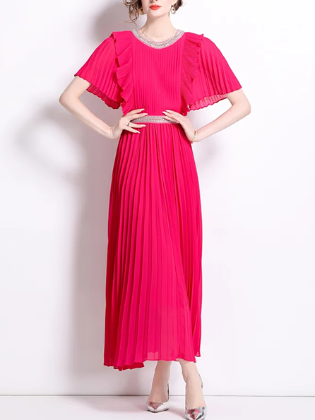 Elegant Short Sleeve Pleated Maxi Dress
