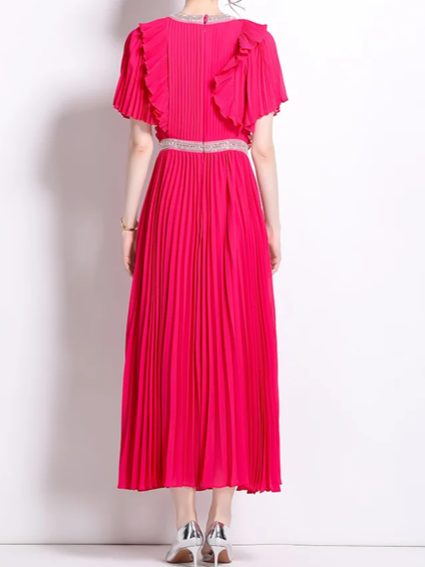 Elegant Short Sleeve Pleated Maxi Dress