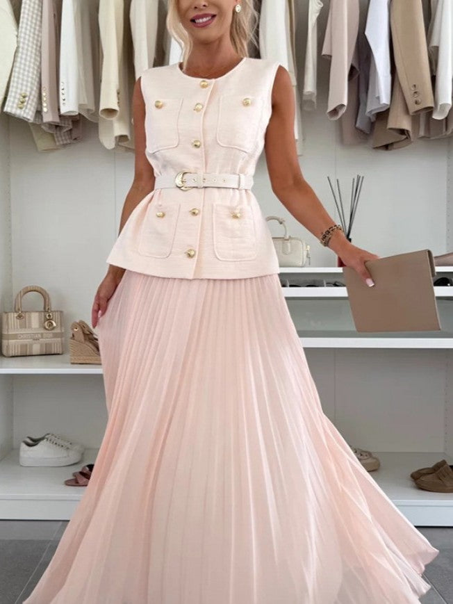 Elite Button Up Vest With Gauze Pleated Pink Skirt Set