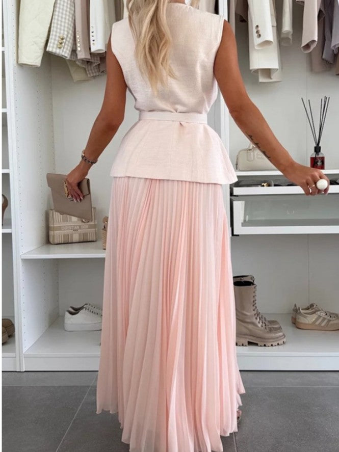 Elite Button Up Vest With Gauze Pleated Pink Skirt Set