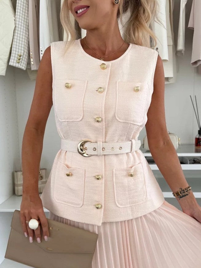 Elite Button Up Vest With Gauze Pleated Pink Skirt Set