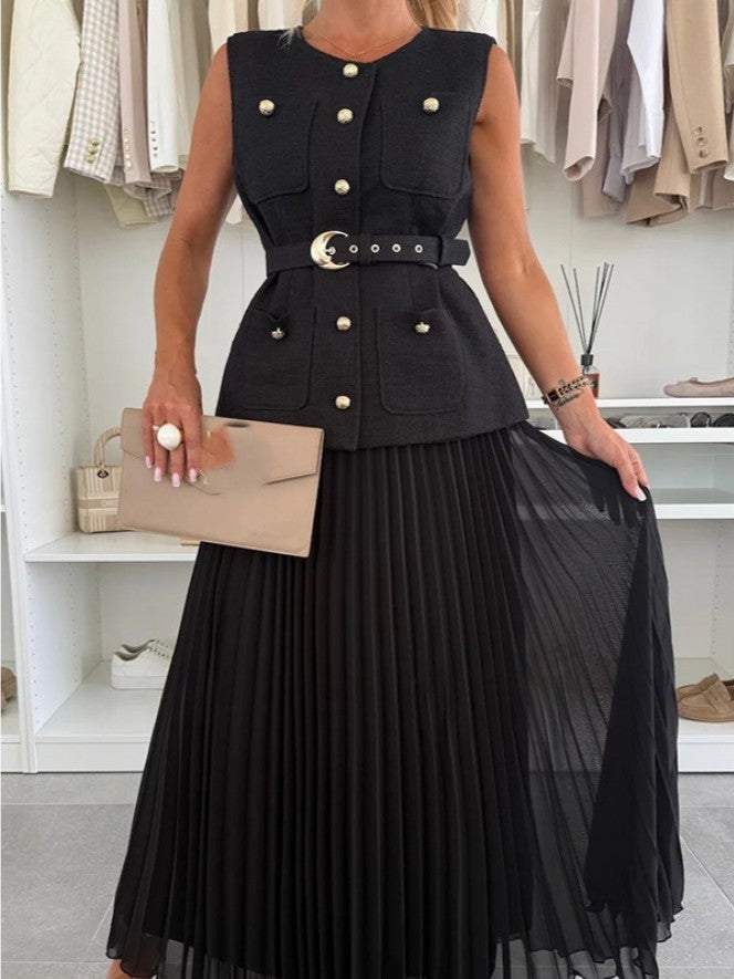 Elite Button Up Vest With Gauze Pleated Skirt Set
