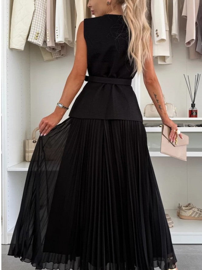 Elite Button Up Vest With Gauze Pleated Skirt Set