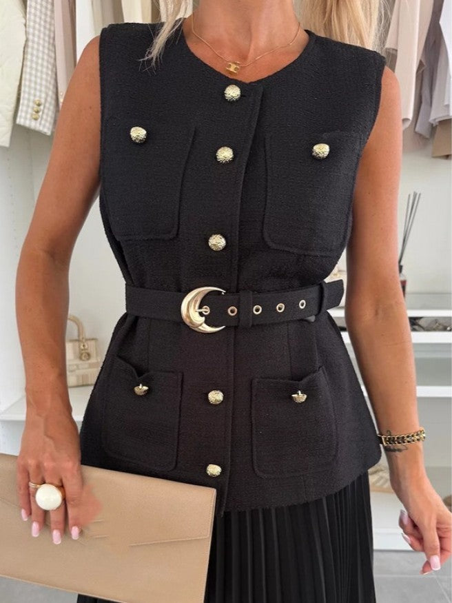 Elite Button Up Vest With Gauze Pleated Skirt Set