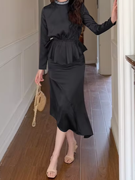 Elite Satin Beaded Decor Pencil Black Skirt Set