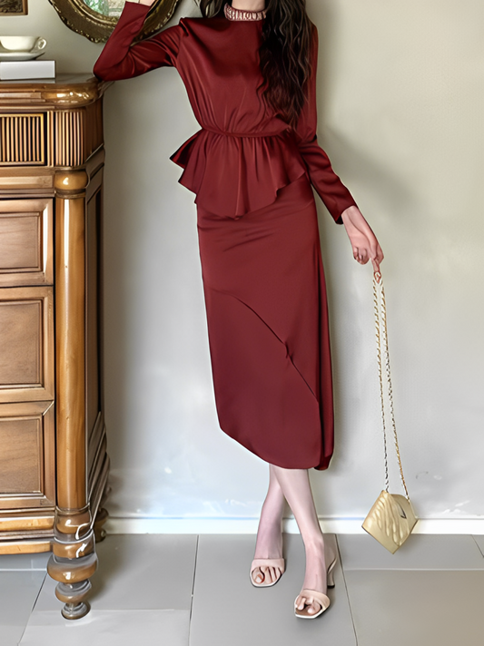 Elite Satin Beaded Decor Pencil Red Skirt Set